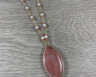 Pink Necklace for Mom, Cherry Quartz Gemstone Jewelry, Dainty Single Strand Necklace,Minimal Jewelry, Pearl Gold Necklace