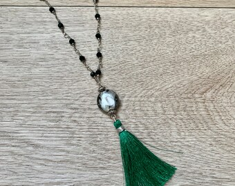 Bright Green Tassel Necklace, Grey Ceramic Necklace, Long Fringe Statement Jewelry, Green Emerald Fall Necklace, Unisex Winter Necklace