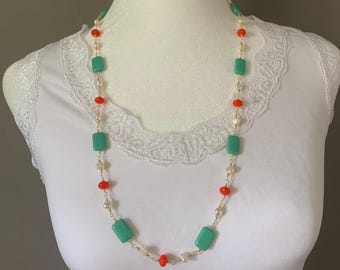 Summer Vacation Colorful Necklace, Hand Wrapped Cream Glass Pearl Jewelry, Orange Opaque Sea Green Gold Wire Wrapped Czech Glass