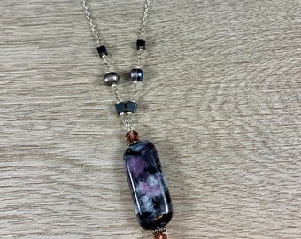 Grey Black Purple Necklace, Bohemian Galaxy Space Jewelry, Hamatite Grey Freshwater Pearl, Long Layering Necklace
