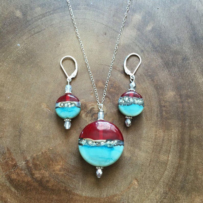 Red Lampwork Necklace Earring Set Lampwork Jewelry Turquoise Lampwork Jewelry Turquoise Jewelry Turquoise Necklace Womens Jewelry