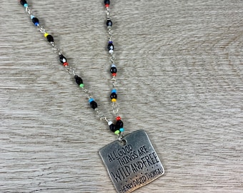 Wild and Free Charm Necklace, 28 Inch Black Colorful Rainbow Czech Glass Wrapped Jewelry, Dainty Minimal Jewelry, Long Layering