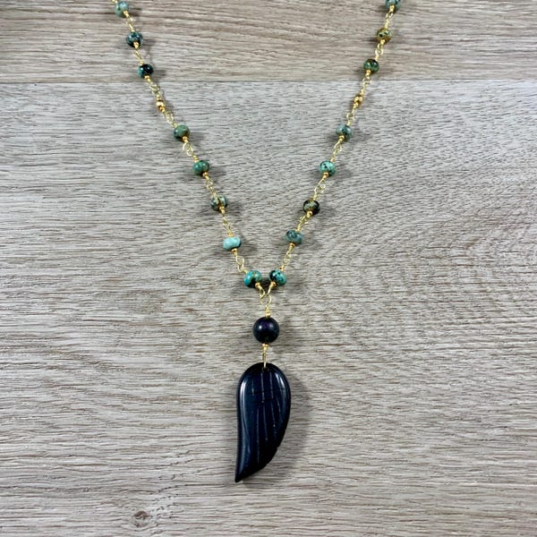 Black Silver Angel Wing Necklace, Green African Turquoise Guardian Angel Necklace, Angel Wing Shell Jewelry, Faith Jewelry,Gemstone Necklace