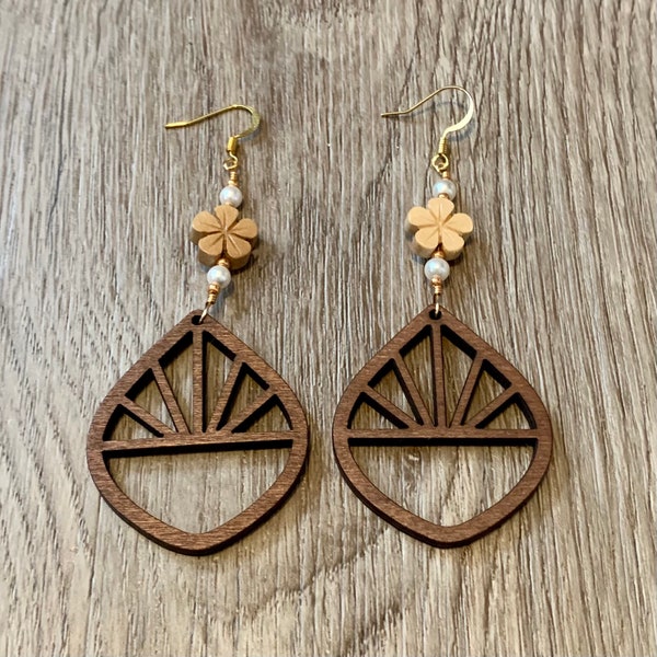 Hibiscus Flower Earrings, Sunrise Wood Earring, Summer Jewelry, Geometric Dangle Earring, Vacation Statement Earring, Bohemian Gypsy Jewelry