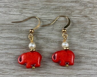 Red Elephant Earrings, Animal Zoo Earrings, African Inspired Jewelry, Dangle Earrings for Women Teen, Howlite Beaded Earrings