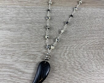 Black Angel Wing Statement Necklace, Dalmatian Jasper Jewelry, Long Layering Necklace, Gift for Aunt, Animal Print Jewelry,Black Tan Jewelry