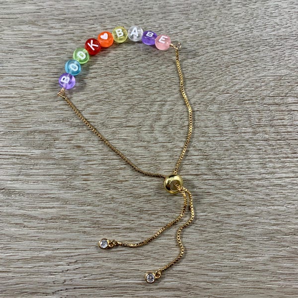 Book Babe Bracelet, Pastel Rainbow Bracelet, Colorful Word Bracelet, Book Club Book Nerd Gift, Dainty Jewelry, Adjustable Gold Bracelet