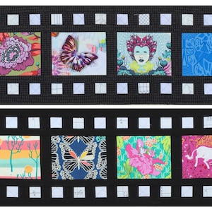 May include: A black and white film strip with eight colorful fabric squares. The squares feature a variety of designs, including flowers, butterflies, and a unicorn.