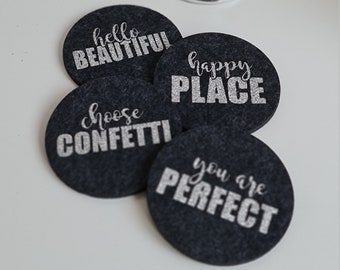 Dark grey Glass coasters made of felt in a pack of 4 for birthdays, weddings, events, home or just for fun, silver Glitter print