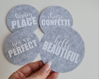 Light Grey Glass coasters made of felt in a pack of 4 for birthdays, weddings, events, home or just for fun, white print.