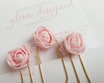 Set of 3 golden Planner Paperclips with beautiful light pink roses