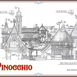 Disneyland Fantasyland Pinocchio's Daring Journey Colored Blueprint Black & White Only