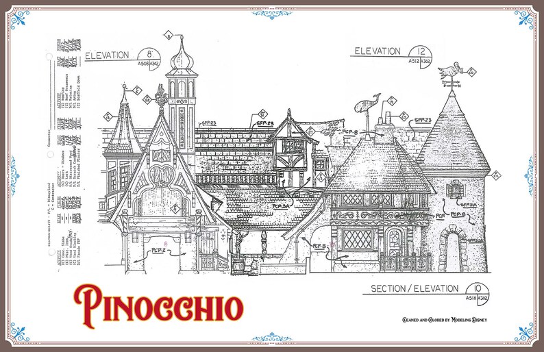 Disneyland Fantasyland Pinocchio's Daring Journey Colored Blueprint Black & White Only