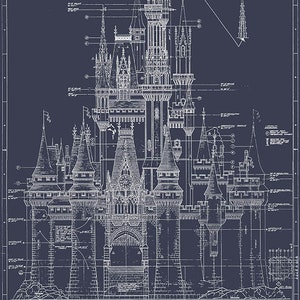 Walt Disney World Cinderella Castle Colored Blueprint White on Blue