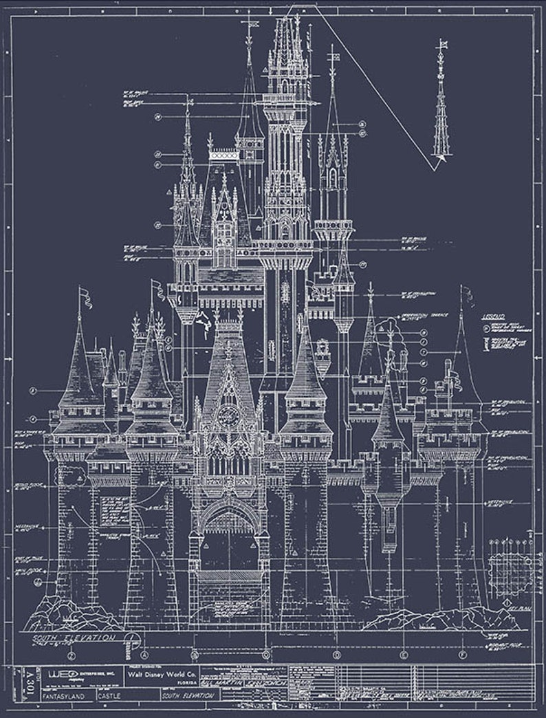 Walt Disney World Cinderella Castle Colored Blueprint White on Blue