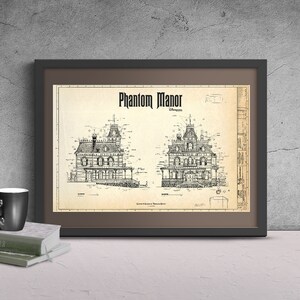 Disneyland Paris Phantom Manor Haunted Mansion Colored Blueprint Aged w/ Black Ink