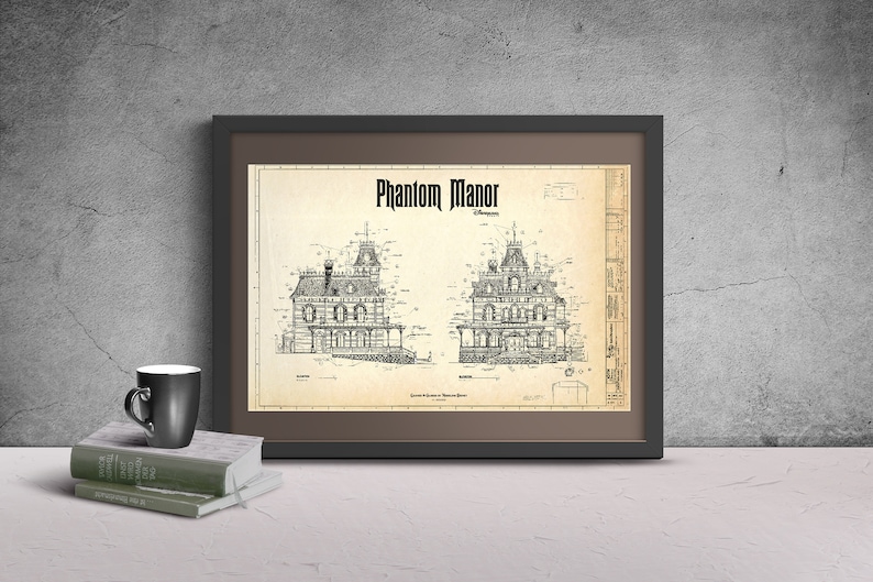 Disneyland Paris Phantom Manor Haunted Mansion Colored Blueprint Aged w/ Black Ink