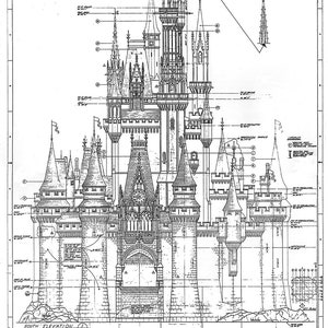 Walt Disney World Cinderella Castle Colored Blueprint Black/White-No Color