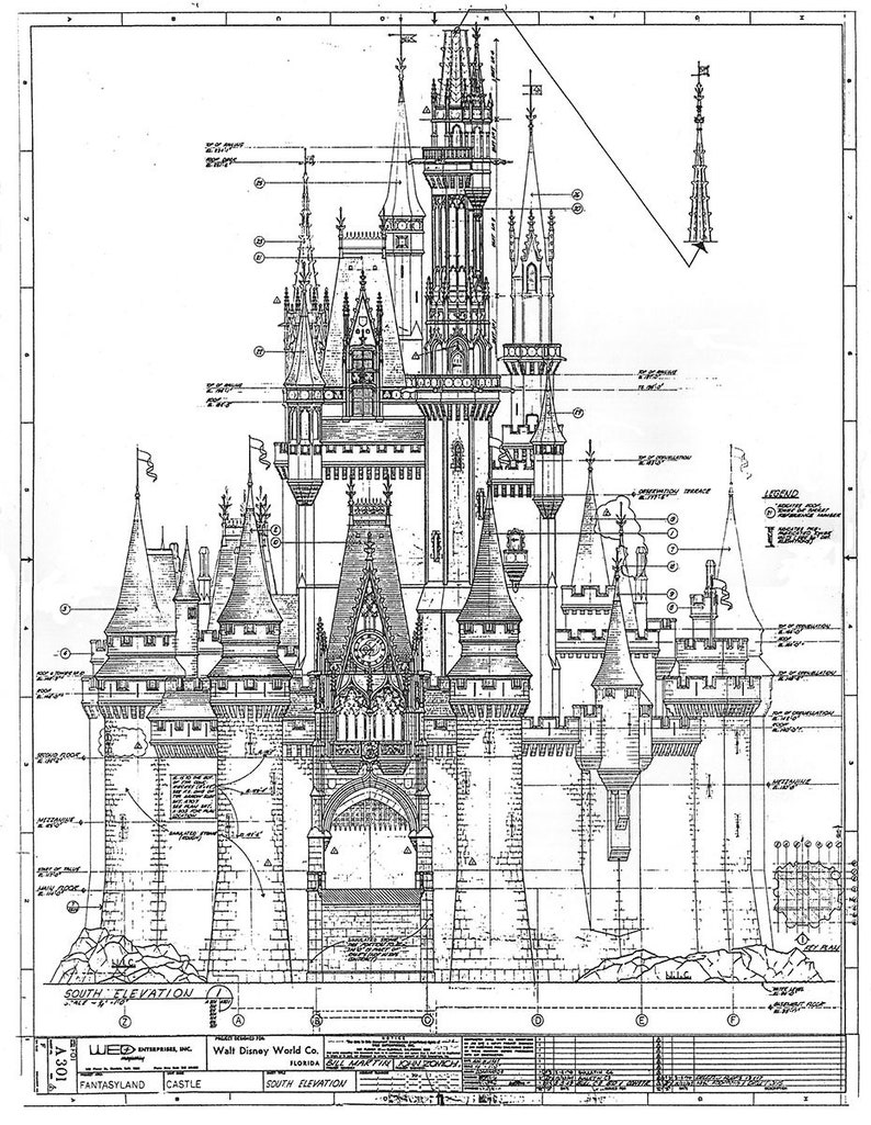 Walt Disney World Cinderella Castle Colored Blueprint Black/White-No Color