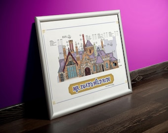Mr. Toad's Wild Ride Poster - Disneyland Theme Park Attraction - Colored Blueprint