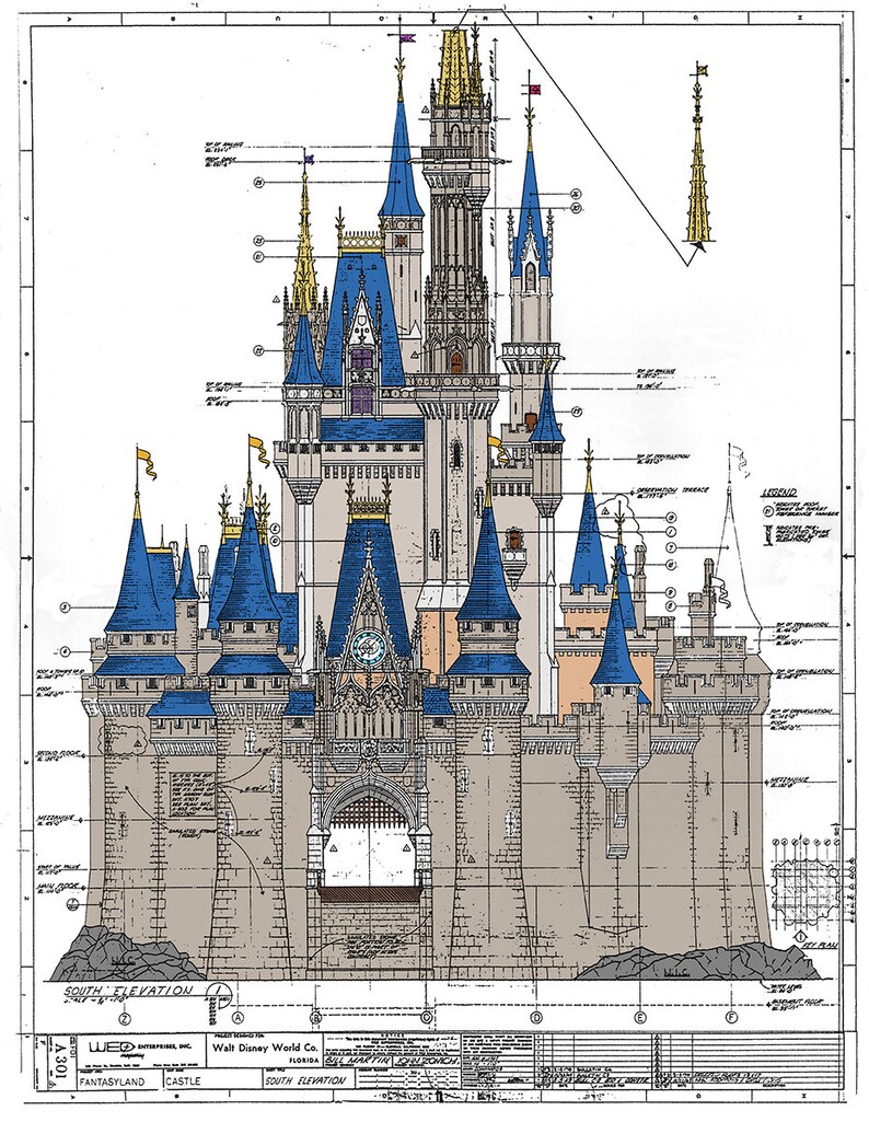 Walt Disney World Cinderella Castle Colored Blueprint Black/White - Color