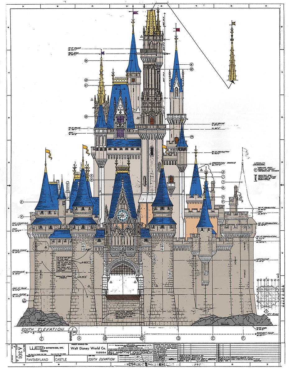 Walt Disney World Cinderella Castle Colored Blueprint Etsy