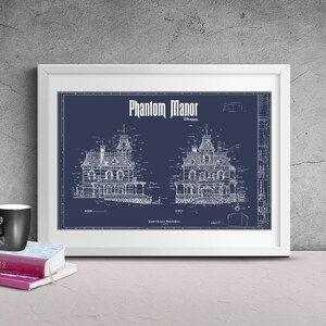 Disneyland Paris Phantom Manor Haunted Mansion Colored Blueprint White on Blue