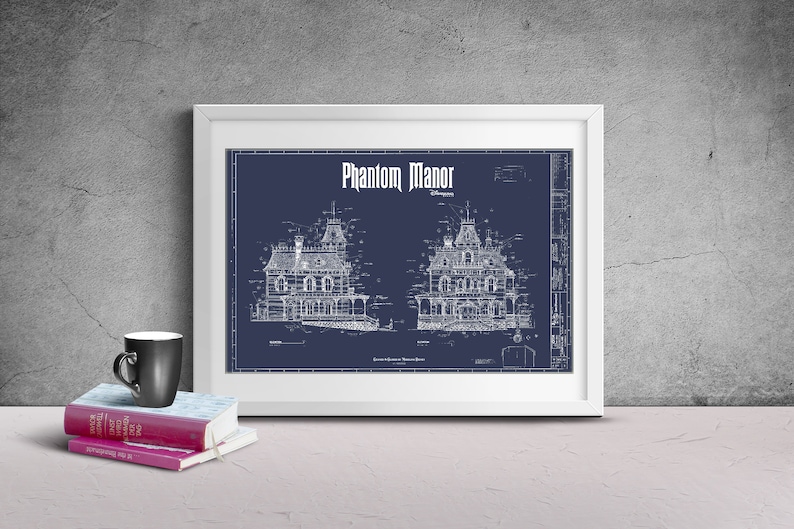 Disneyland Paris Phantom Manor Haunted Mansion Colored Blueprint White on Blue