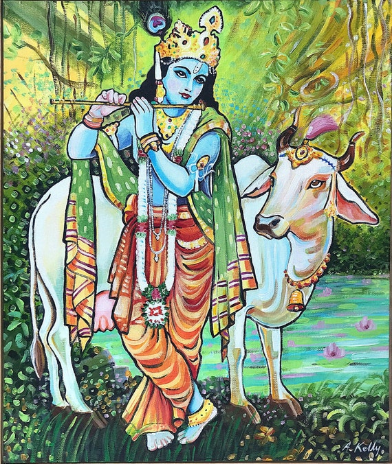 Krishna and Cow Original Acrylic Painting - Etsy Krishna and Cow Original Acrylic Painting - Etsy