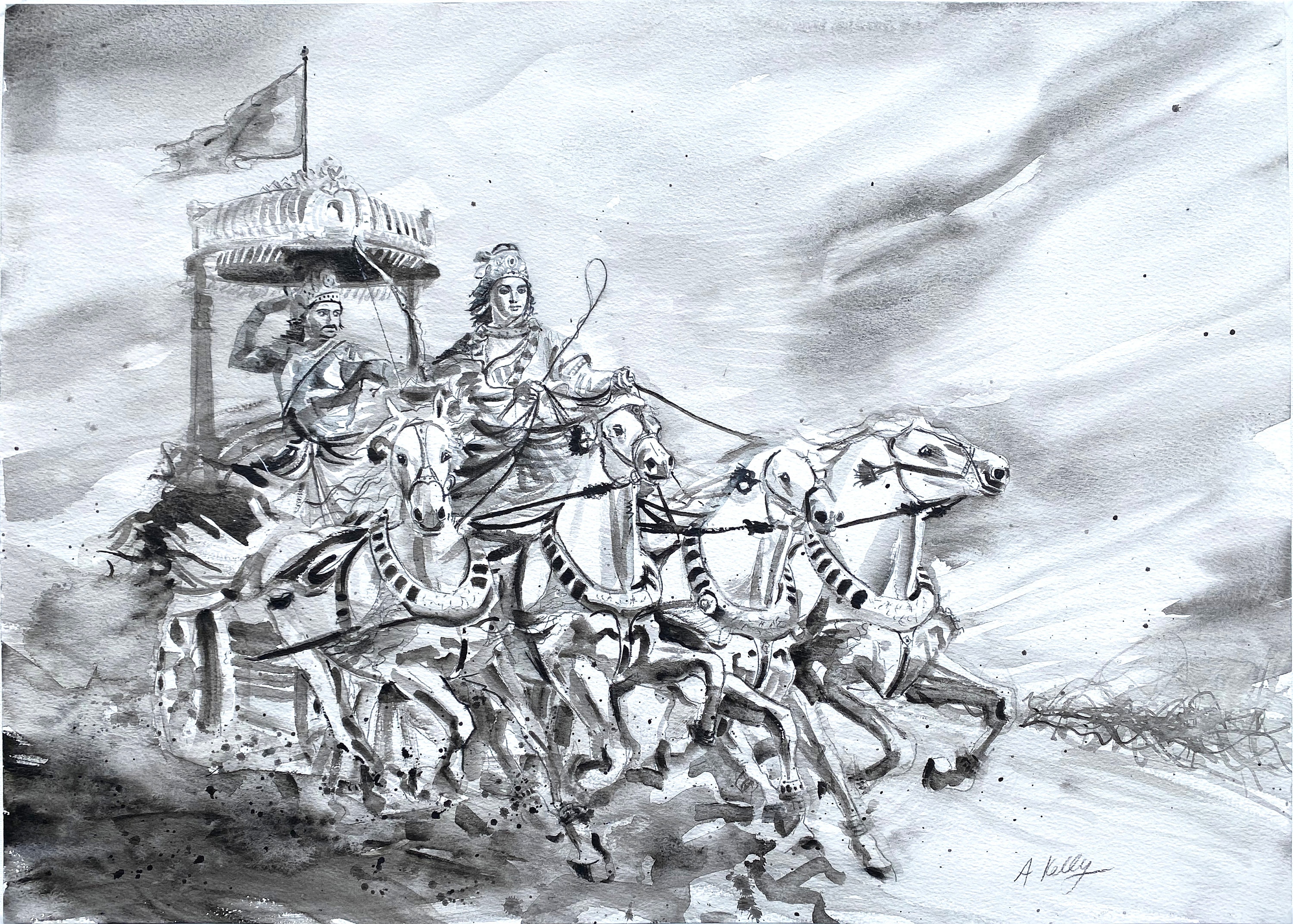 Sketch Of Lord Krishna And Arjuna In A Horse Chariot And Scenes Of  Kurukshetra War In The Hindu Epic Mahabharat Editable Outline Illustration  | lupon.gov.ph