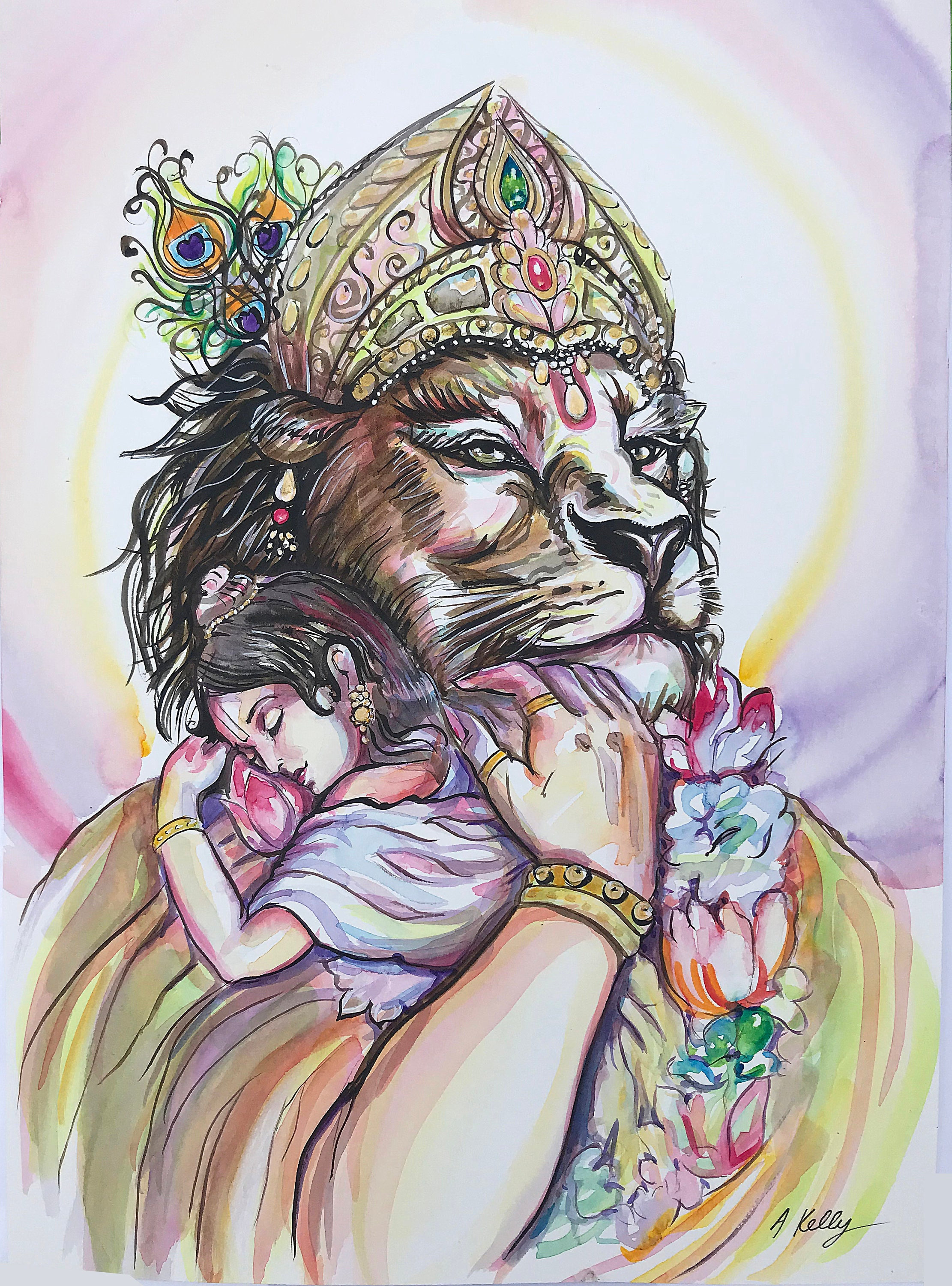 Lord Narasimha Pintura original en acuarela Etsy España
