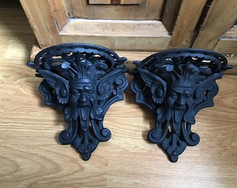 One Antique Iron Metal French Figural Gargoyle Greenman Face Double Hook