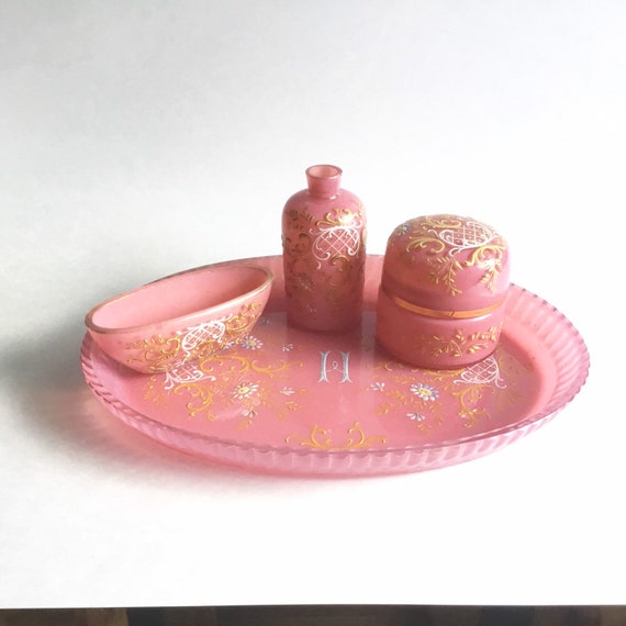 Antique Pink Vanity Set With Tray Soap Dish Bottle Covered Etsy