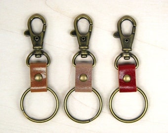 Leather keyring, womens key ring, antique brass swivel snap hook key fob, key chain, red, saddle brown, bark brown color leather key rings