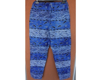 Hand Sewn Beach Summer Pants Joggers Dolphins Ocean Sea Bottoms Blue Size L, W26"-38"