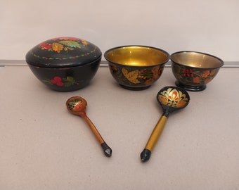 Lot Vintage Khokhloma Traditional Russian Hand Painted Wooden Bowls Cups Spoons Flowers Art