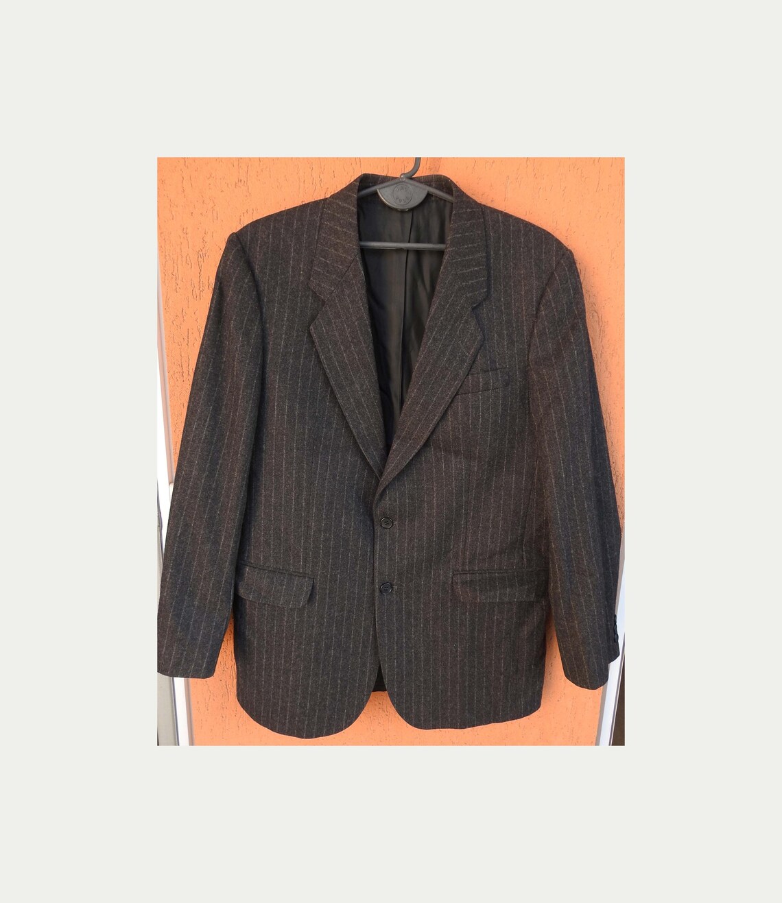 Vintage Savile Row Jacket L - Gray Striped Wool Blazer - Mens Dormeuil Sport Coat, foto 1 di 5