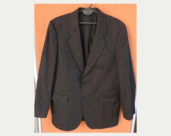 Giacca vintage Savile Row, blazer sportivo in lana grigia a righe Dormeuil (L)