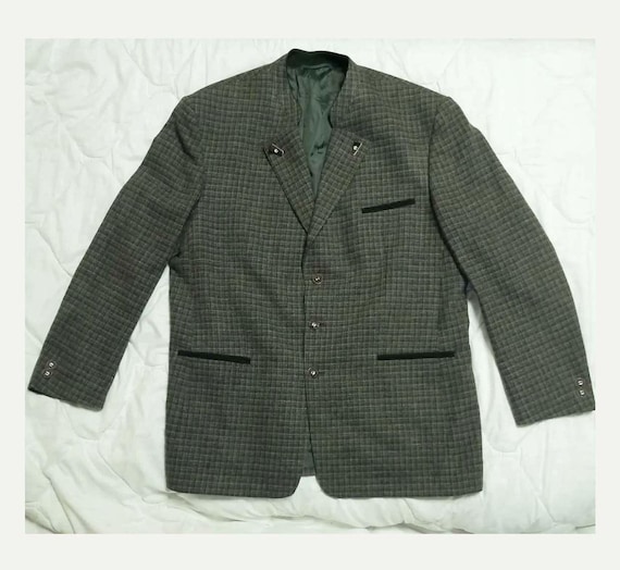 Vintage Trachten Hunting Jacket Alpaca Tyrol Loden Blazer Green Plaid Check US46, EU56