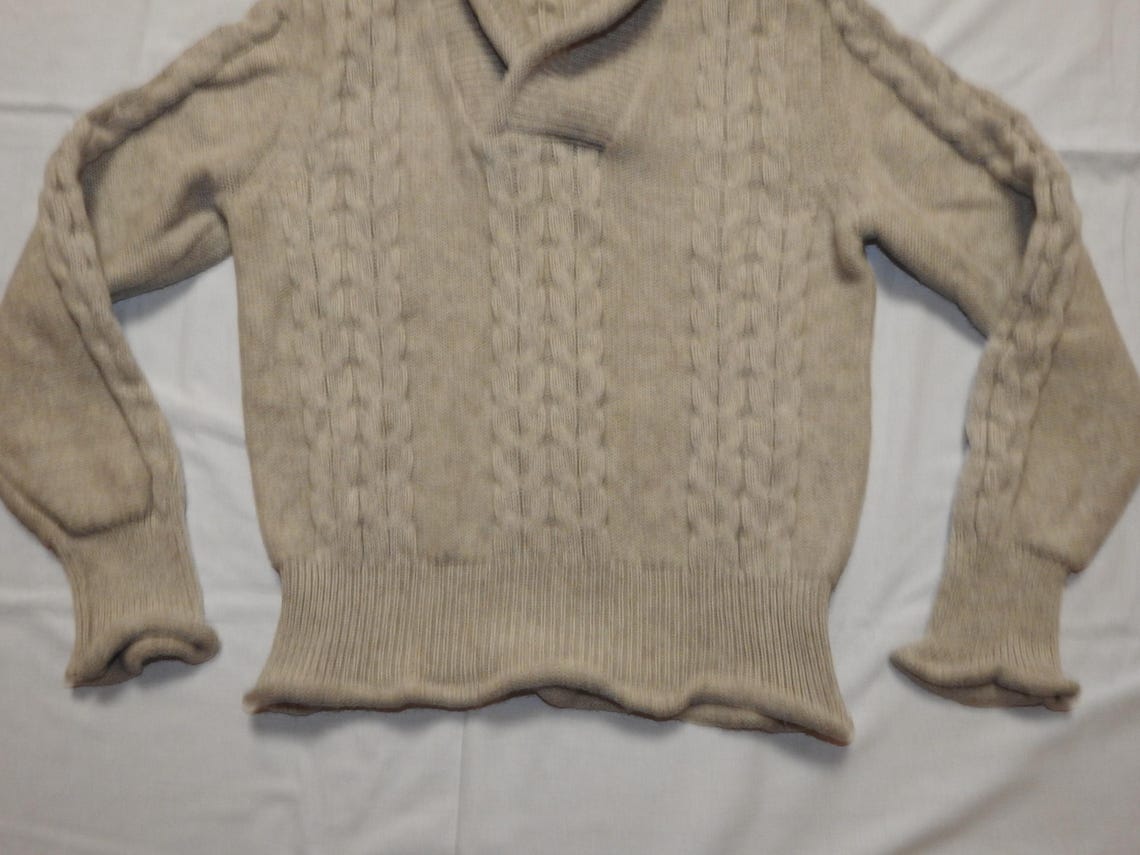 Vintage Italian Cable Knit Wool Sweater Mens Small, Beige Shawl Collar Pullover, foto 3 di 5