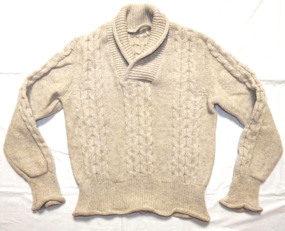 Vintage Italian Cable Knit Wool Sweater Mens Small, Beige Shawl Collar Pullover
