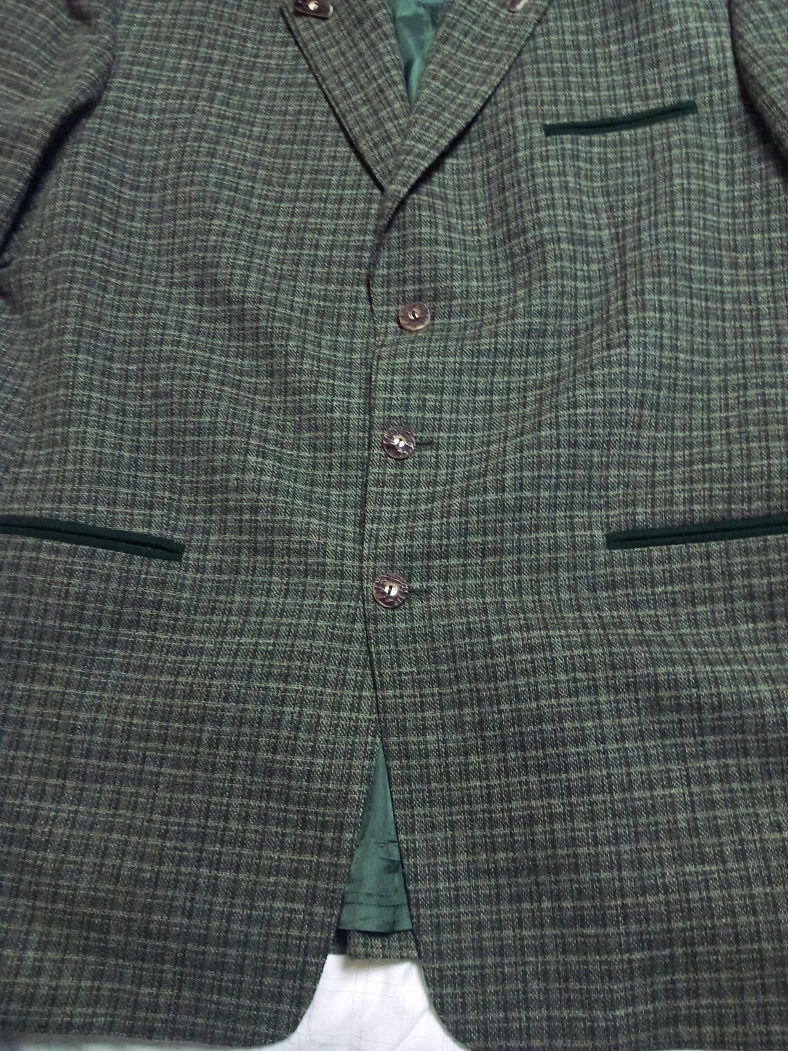 Vintage Trachten Hunting Jacket Alpaca Tyrol Loden Blazer Green Plaid Check US46, EU56, foto 4 di 5