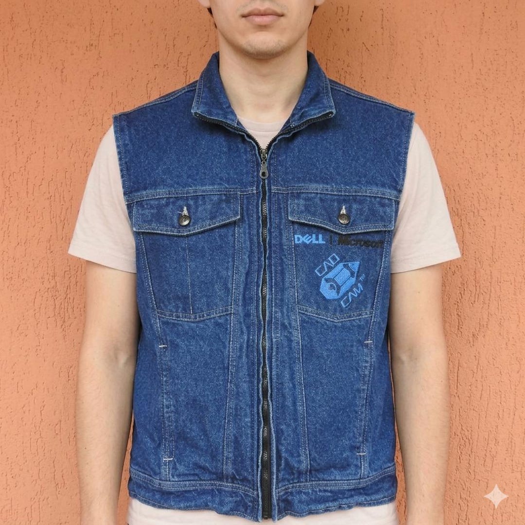 Vintage 90s Dell Microsoft CAD CAM Denim Sleeveless Jean Jacket