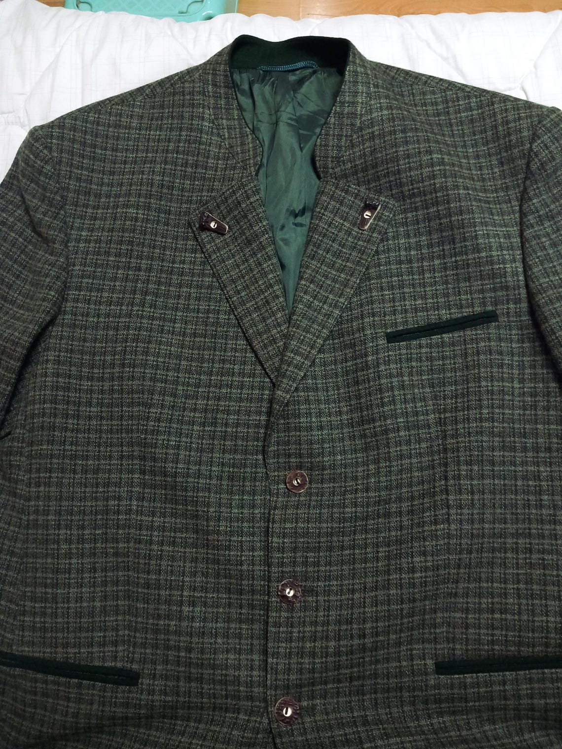 Vintage Trachten Hunting Jacket Alpaca Tyrol Loden Blazer Green Plaid Check US46, EU56, foto 3 di 5