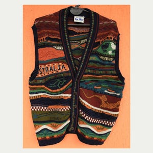 Colete de lã vintage com estampa abstrata 3D: True Blue Australia, estilo Coogi (G)