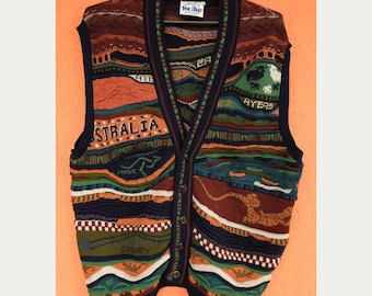True Blue Australia Vintage Wool Textured 3D Abstract Sleeveless Cardigan Sweater Vest (L) Hippy Jumper Coogi Style