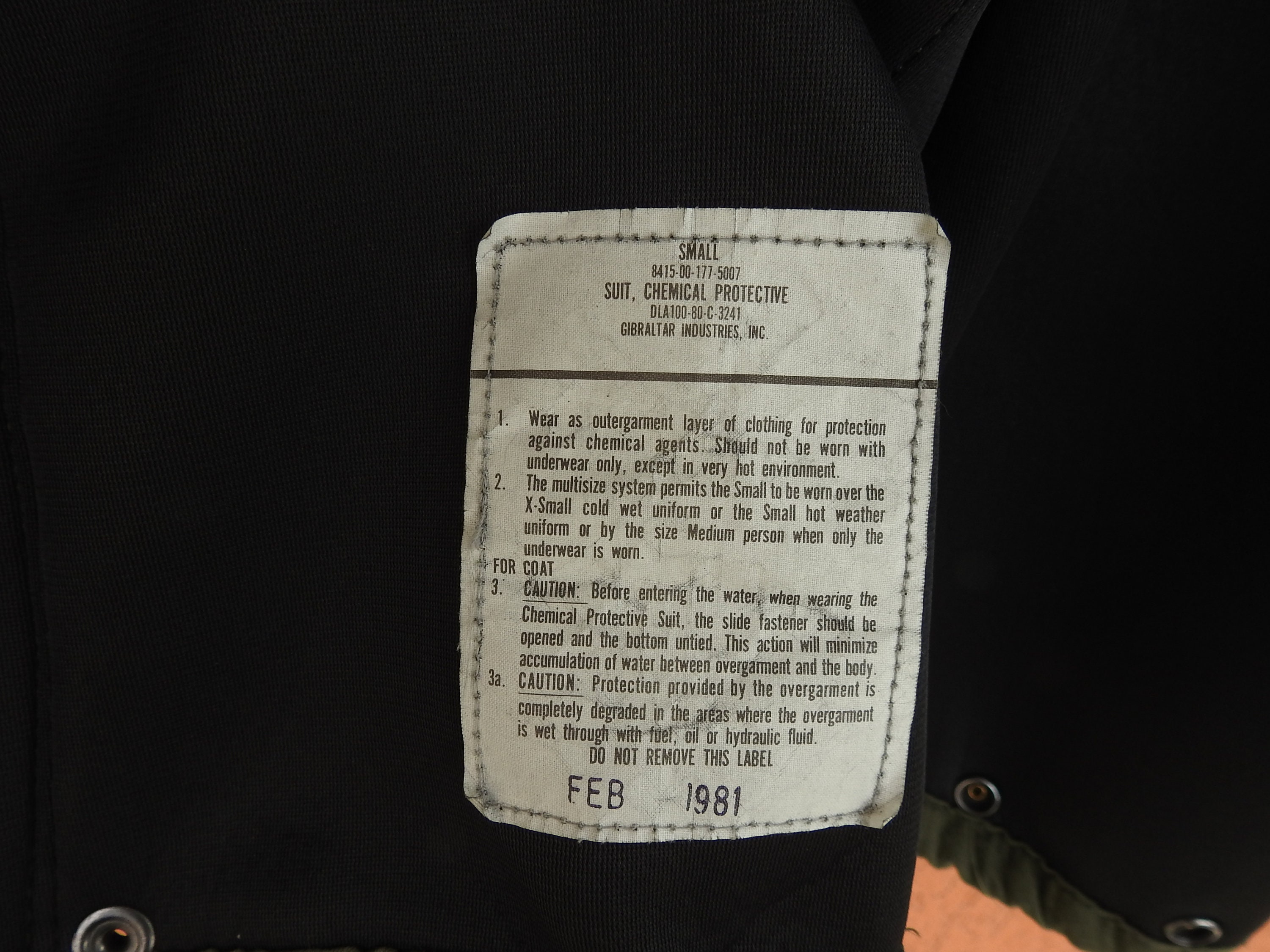 1981 Gibraltar Industries Chemical Protective Jacket Army Military