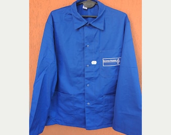 Vintage French Blue Work Jacket: Polycotton Chore Coat (XL, Pit 26")