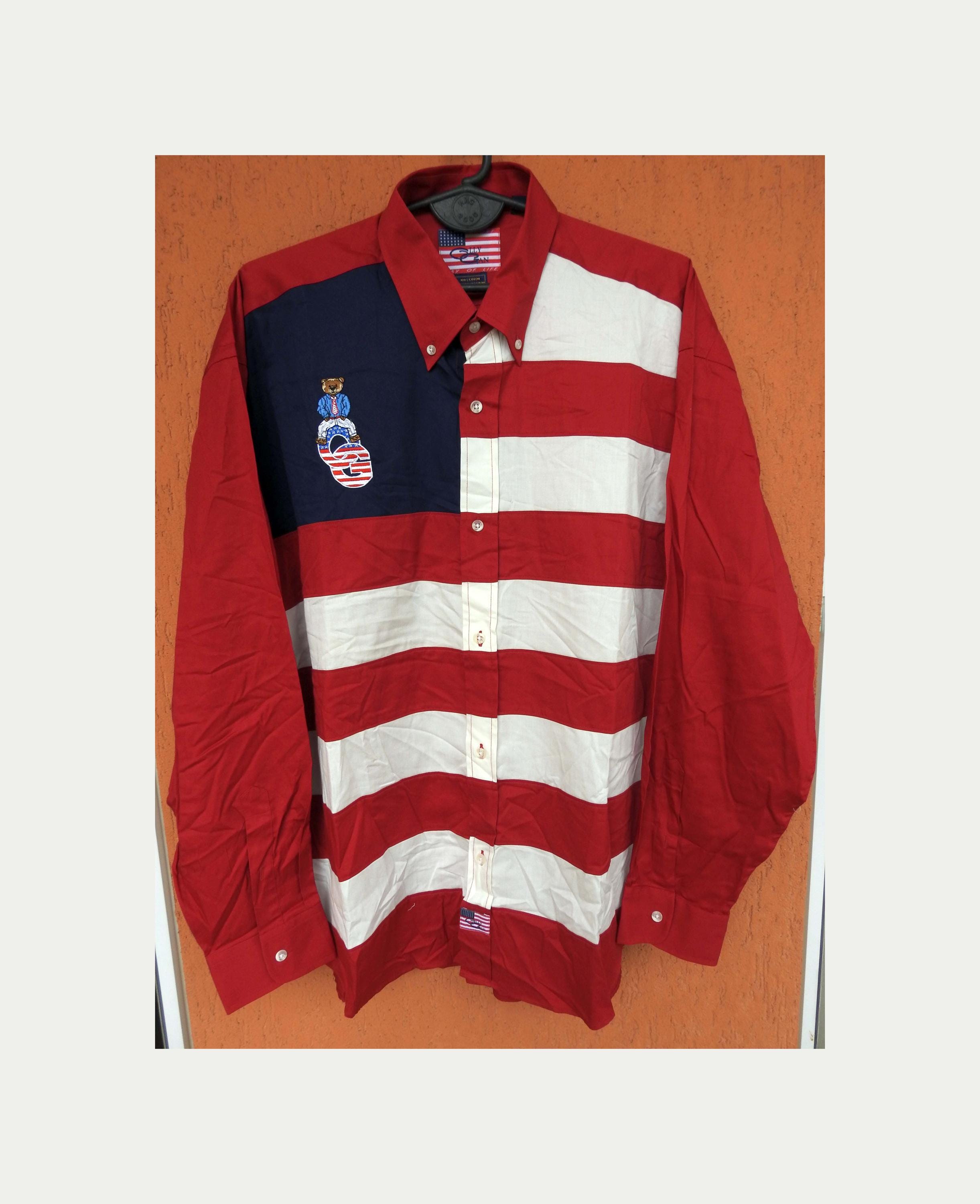 Vintage Olly Gan Shirt Casual Mens Long Sleeve Embroidered US Flag Teddy Shirt Striped New XL Etsy