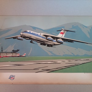 Póster vintage de la aeronave Ilyushin Il-76 de Aeroflot de los años 70, litografía en color, dibujo, recuerdos de aerolíneas rusas